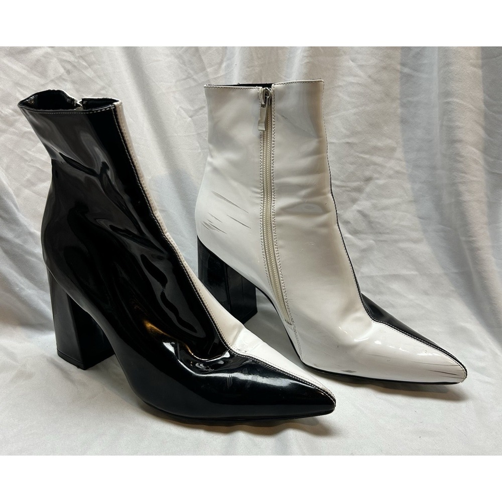 Black White Block Heel Ankle Boots Side Zip Womens 9 Mod Artsy Go Go